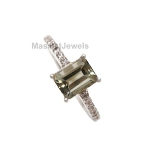 Emerald Cut Green Amethyst Ring: Sterling Silver Promise Ring