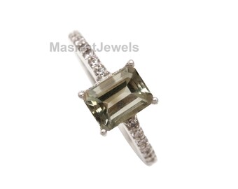 Emerald Cut Green Amethyst Ring: Sterling Silver Promise Ring
