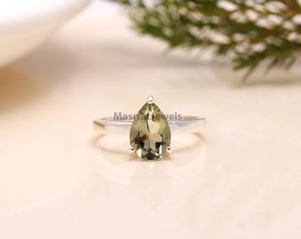 Pear Cut Green Amethyst Ring: Sterling Silver Engagement Ring
