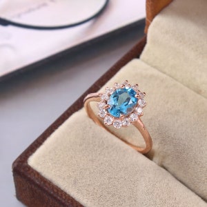 Swiss Blue Topaz Ring: Rose Gold Sterling Silver Edwardian Style