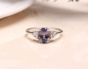 Anillo de alejandrita ovalado, anillo de compromiso de plata de ley, piedra natal de junio
