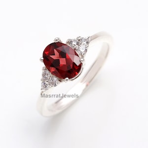 Natural Garnet Ring: Sterling Silver Solitaire with Cubic Zirconia