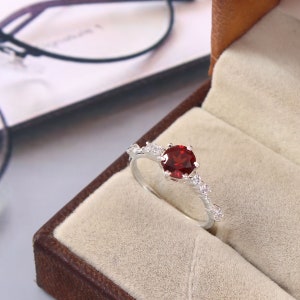 Natural Garnet Ring: Round Red Gemstone, 925 Sterling Silver