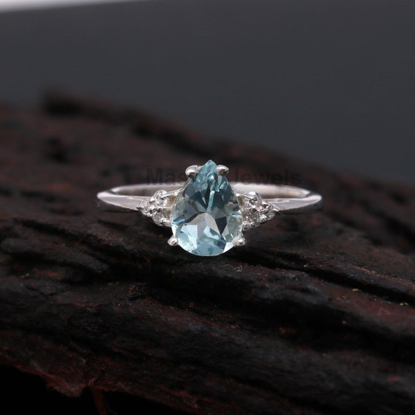 Aquamarine Ring 925 Silver Ring Aquamarine Engagement Ring promise Ring Teardrop Ring March Birthstone Aquamarine Jewelry Gift For Her