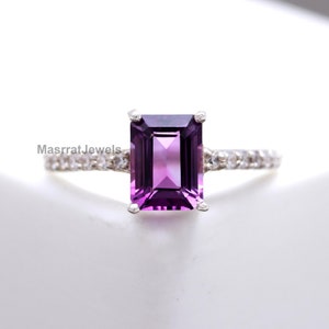 Emerald Cut Amethyst Ring: Sterling Silver Solitaire, February Birthstone