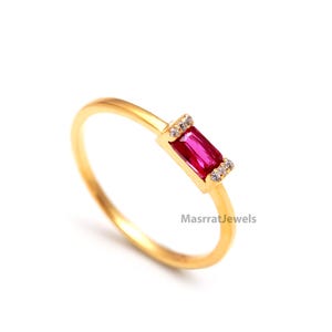 Emerald Cut Lab Ruby Ring: Gold Plated Sterling Silver, July Birthstone