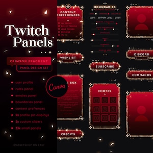 May include: A set of Twitch panels in a crimson red and gold color scheme. The panels include a user profile, rules, emotes, boundaries, content preferences, wishlist, subscribe, discord, commands, credits, and a box for emotes. The panels are designed to be used on Twitch.