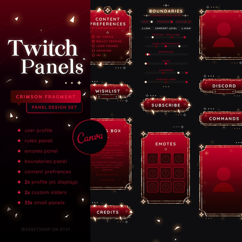 May include: A set of Twitch panels in a crimson red and gold color scheme. The panels include a user profile, rules, emotes, boundaries, content preferences, wishlist, subscribe, discord, commands, credits, and a box for emotes. The panels are designed to be used on Twitch.