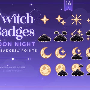 Moon Night Twitch Sub Badges |Dark Fantasy Streamer Icons | Midnight Sky Cloud Emotes |  Cute Loyalty Channel Points | Celestial Aesthetic