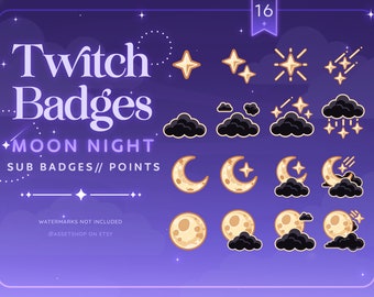 Moon Night Twitch Sub Badges |Dark Fantasy Streamer Icons | Midnight Sky Cloud Emotes |  Cute Loyalty Channel Points | Celestial Aesthetic