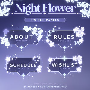 Pannelli Twitch luminosi con fiori notturni / Grafica informativa con streamer scintillante blu scuro / Estetica sognante / Giardino di fiori bianchi luminosi / Notte / Scuro