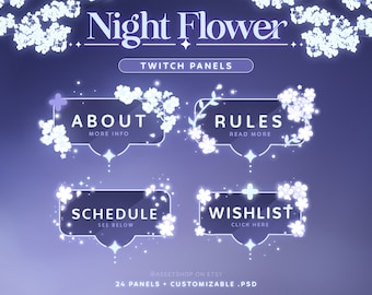 Night Flower Glowing Twitch Panels | Dark Blue Sparkly Streamer Info Graphic | Dreamy Aesthetic | White Glowing Flower Garden | Night | Dark