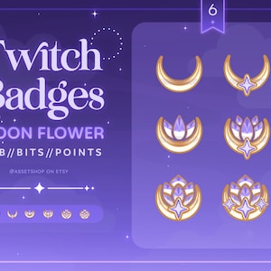 Purple Moon Flower Twitch Sub Badges | Gold | Crescent | Starry | Gemstone | Blooming Lotus | Night Aesthetic | Streamer Graphic