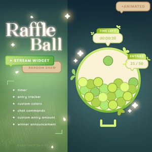 May include: A green and white animated raffle ball widget for Twitch streams. The widget features a timer, entry tracker, custom colors, chat commands, custom entry amount, and winner announcement. The widget also includes a visual representation of the raffle ball with a counter showing the number of entries.