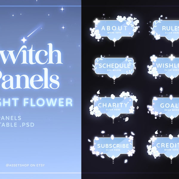 Light Flower Twitch Panels | Sparkling Sky Blue Streamer Info Boards | Magical Glowing Aesthetic | Graphic Panel Set | Cute | Pretty | Dream