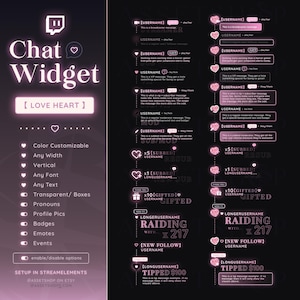 Puede incluir: Gráfico digital de un widget de chat personalizable para plataformas de streaming. El diseño presenta una combinación de colores rosa y negro, con opciones de color, ancho, fuente y texto. Incluye pronombres, fotos de perfil, insignias, emoticonos y eventos.