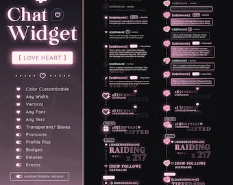 Heart Love Chat Widget - Color Customizable Chatbox | Events | Alerts | Y2K | Romantic | Pink Black | Valentine | Glowing Aesthetic