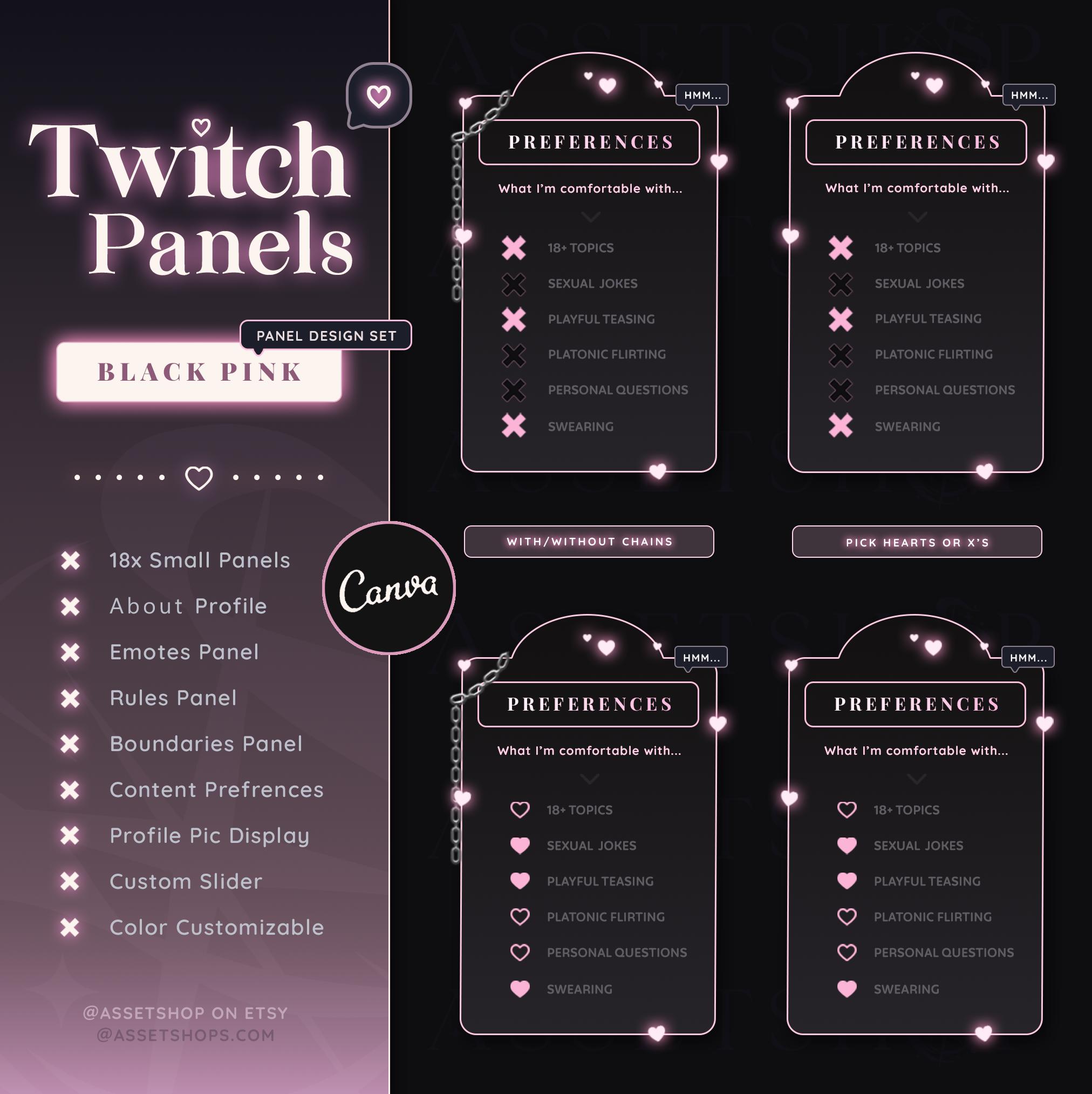 Black Pink Twitch Panels Customizable Canva Punk Love Hearts