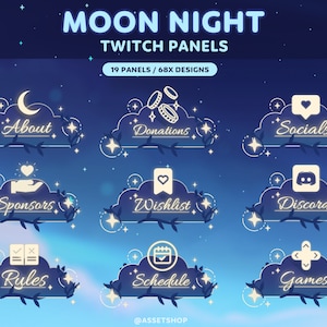 Paneles de Twitch de Moon Night / Información de transmisión / Nube estrellada brillante / Tema nocturno / Plantas enredaderas / Social / Discord / Reglas / Juego / Acerca de / Dreamy