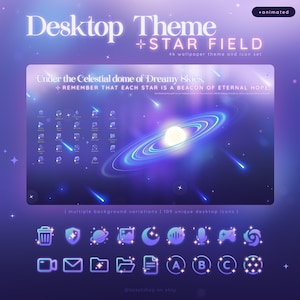 May include: A desktop theme with a galaxy background and a set of 109 unique icons. The theme features a blue and purple galaxy with a bright star in the center. The icons are in a variety of colors and styles, including a trash can, a shield, a planet, a photo, a moon, a music note, a microphone, a game controller, and a browser. The text "Under the Celestial dome of Dreamy Skies, + REMEMBER THAT EACH STAR IS A BEACON OF ETERNAL HOPE." is displayed on the background.