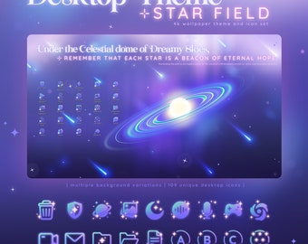 4k Star Field Desktop Theme - Cosmic Wallpaper | +109 Icons | Celestial Space Organizer Set | Animated | Purple Blue Pink | Glowing | Dreamy