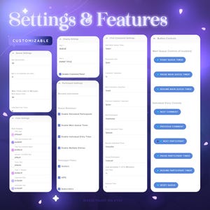K&ouml;nnte beinhalten: Ein anpassbares Einstellungs- und Funktionsfeld f&uuml;r einen Livestream oder eine Chat-Anwendung. Das Feld enth&auml;lt Optionen f&uuml;r Warteschlangen-Einstellungen, Chat-Befehls-Einstellungen, Schaltfl&auml;chen-Steuerelemente, Farbeinstellungen, Teilnehmer-Einstellungen und Warteschlangen-Verhaltens-Einstellungen. Das Feld soll Benutzern helfen, ihre Livestreams und Chats effektiver zu verwalten.