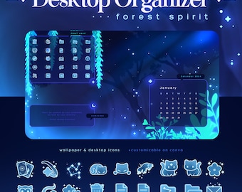 Desktop Organizer Forest Spirit | Glowing Forest Wallpaper | Computer Desktop Icons | Folder Organizer | Blue Background | Vtuber Overlay |