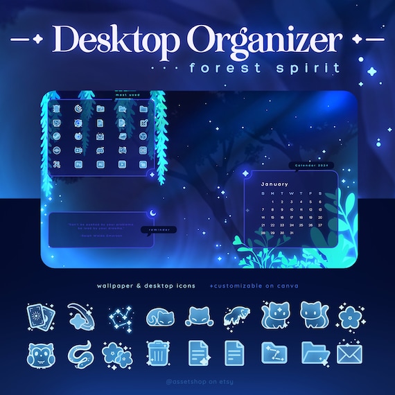 Desktop Organizer Forest Spirit | Glowing Forest Wallpaper | Computer Desktop Icons | Folder Organizer | Blue Background | Vtuber Overlay |