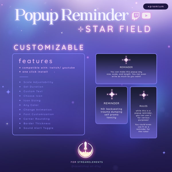 Star Field Premium Popup Reminder Widget - Twitch/ Youtube | Customizable | Any Color | StreamElements OBS | Streamlabs | Streamers | Vtuber
