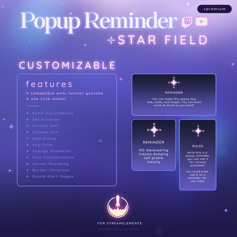 Star Field Premium popup-påminnelsewidget - Twitch/Youtube | Anpassningsbar | Valfri färg | StreamElements OBS | Streamlabs | Streamers | Vtuber bild 1