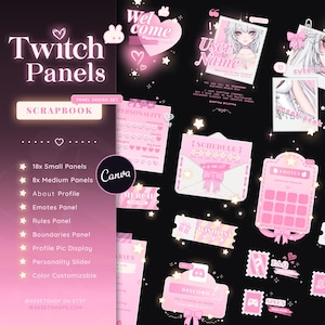 Peut inclure: Ensemble de panneaux Twitch roses sur le thème du scrapbooking. Les panneaux comprennent des designs pour les profils d'utilisateurs, les horaires, les emotes, etc. Le design présente des cœurs, des étoiles et des nœuds, avec du texte comme "Bienvenue", "Nom d'utilisateur" et "Emotes".