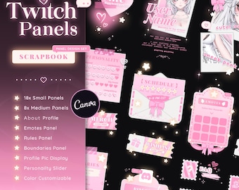 Scrapbook Twitch Panels - Pastel Pink / White | Customizable Canva | Stars | Hearts | Bows | Polaroid | Stream Accessory Graphics | Glow