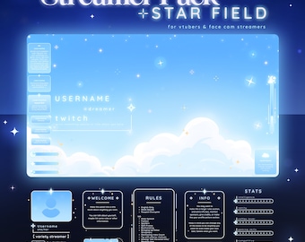 Star Field Stream Pack - Light Blue | Cosmic Twitch Overlay | Animated | Celestial | Sky | Vtuber | Chat Widget | Sub Goal | Stars | Clouds