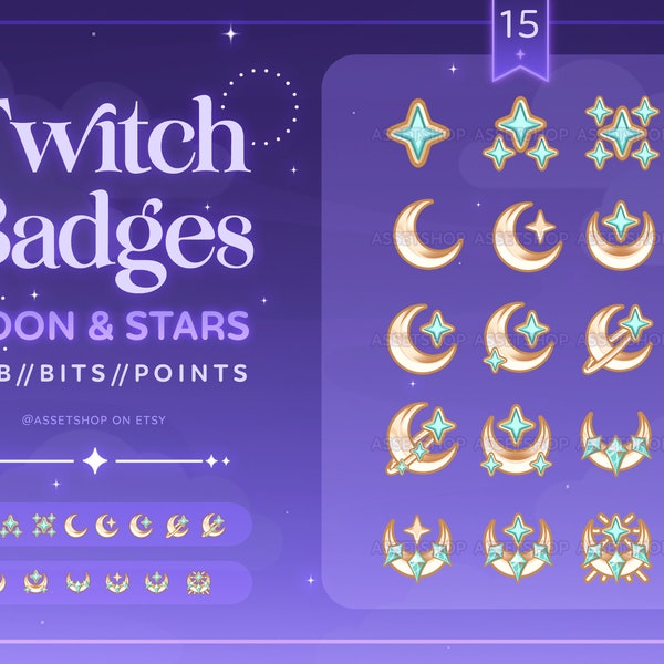 Moon & Stars Twitch Sub Badges | Gold Green Earthy Cosmic Space Streamer Loyalty Rewards | Discord | Channel Points | Fantasy Graphic Tiers