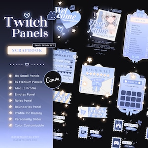 Peut inclure: Ensemble de designs numériques pour streamers Twitch, avec des panneaux bleu clair pour diverses fonctions. Comprend des panneaux pour les infos utilisateur, les règles, l'emploi du temps, les emotes, etc. Thème scrapbook avec étoiles et textes.