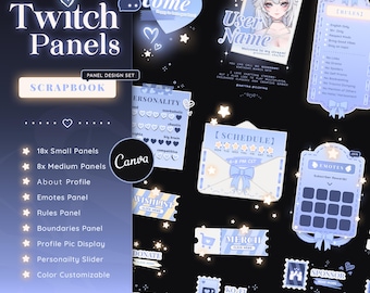 Plakboek Twitch-panelen: pastelblauw/wit | Aanpasbaar canvas | Sterren | Harten | Strikken | Polaroidcamera | Grafische accessoires streamen | Gloed