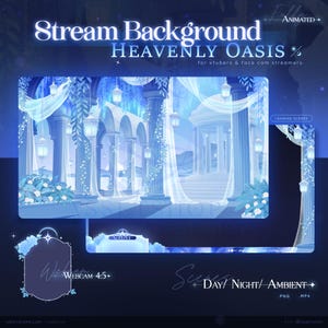 Può includere: Uno sfondo di streaming digitale intitolato "Heavenly Oasis" per vtubers e streamer con webcam. Il design presenta un paesaggio sereno dai toni blu con colonne classiche, lanterne sospese e tessuto bianco fluente. Include opzioni giorno, notte e ambiente.