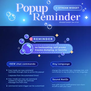 May include: A digital graphic with a dark blue background and white text that reads "Popup Reminder." The image includes text about chat commands, language options, and sound notifications. The Etsy shop name is also included.