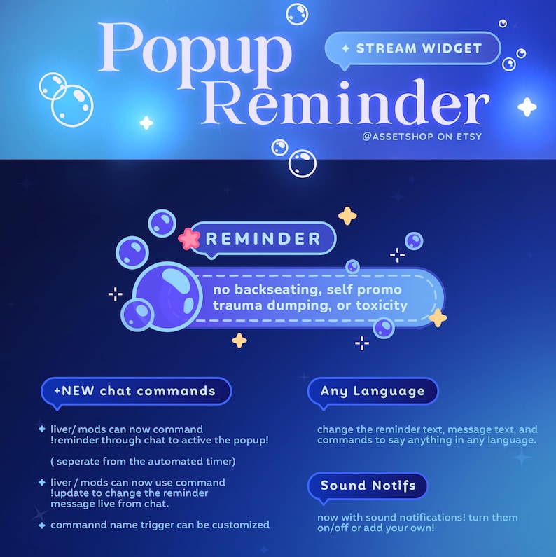 May include: A digital graphic with a dark blue background and white text that reads "Popup Reminder." The image includes text about chat commands, language options, and sound notifications. The Etsy shop name is also included.