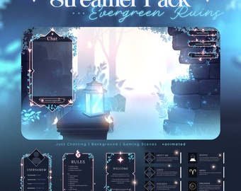 Evergreen Ruins Stream Pack - Light & Dark Twitch Overlay | Blue Green Glowing Forest Aesthetic | Animated Scenes | Vtuber | Just Chatting