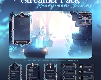 Evergreen Ruins Stream Paket - Hell & Dunkel Twitch Overlay | Blau Grün leuchtende Waldästhetik | Animierte Szenen | Vtuber | Einfach nur Chatten