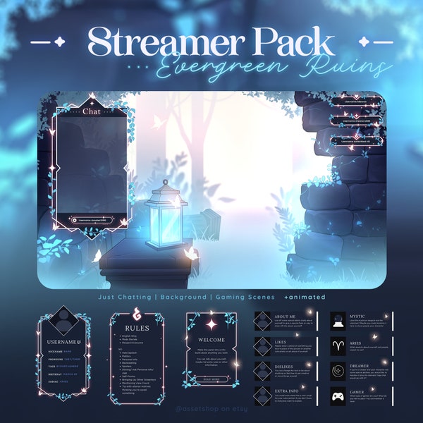 Evergreen Ruins Stream Pack - Light & Dark Twitch Overlay | Blue Green Glowing Forest Aesthetic | Animated Scenes | Vtuber | Just Chatting