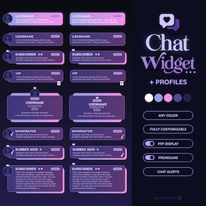May include: A customisable chat widget for Twitch streamers with a purple and blue colour scheme. The widget features a heart icon, the text "Chat Widget", and the text "+ Profiles".  The widget also includes options for any colour, fully customisable, PFP display, pronouns, and chat alerts.