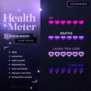 Widżet miernika zdrowia - dla Twitch i YouTube | Dostosowywalny pasek zdrowia, życia, obrażenia, atak, wyzwalacze zdarzeń | StreamElements OBS Counter