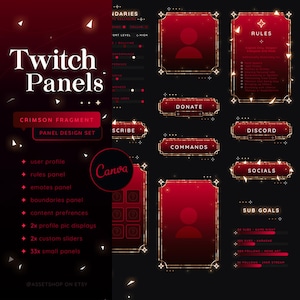May include: A set of Twitch panels in a crimson red and gold color scheme. The panels include a user profile, rules, emotes, boundaries, content preferences, profile picture displays, custom sliders, and small panels. The panels are designed for use with the Canva platform.