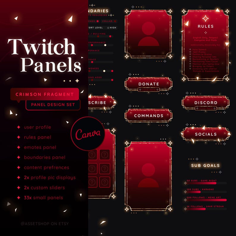 May include: A set of Twitch panels in a crimson red and gold color scheme. The panels include a user profile, rules, emotes, boundaries, content preferences, profile picture displays, custom sliders, and small panels. The panels are designed for use with the Canva platform.