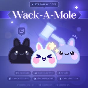 Könnte beinhalten: Digitalgrafik für ein "Wack-A-Mole" Stream-Widget. Das Design zeigt drei Cartoon-Hasenfiguren in Schwarz, Weiß und Blau, mit einem Hammer und Sternakzenten. Das Widget enthält Optionen für Befehle, Kanalpunkte, Sounds und Chat-Interaktion.