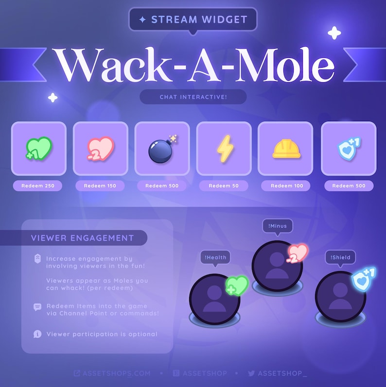 May include: A purple and blue graphic for a "Wack-A-Mole" stream widget. It features icons for health, hearts, bombs, lightning bolts, hard hats, and shields. Text includes "Chat Interactive!" and "Viewer Engagement."
