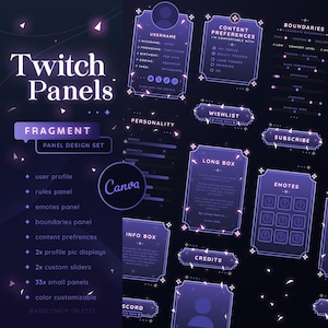 May include: A set of customizable Twitch panels in a purple and blue color scheme with a starry background. The panels include a user profile, rules, emotes, boundaries, content preferences, info box, wishlist, long box, credits, and a subscribe button. The panels are designed to be used on Twitch to help streamers organize their channel and provide information to viewers.