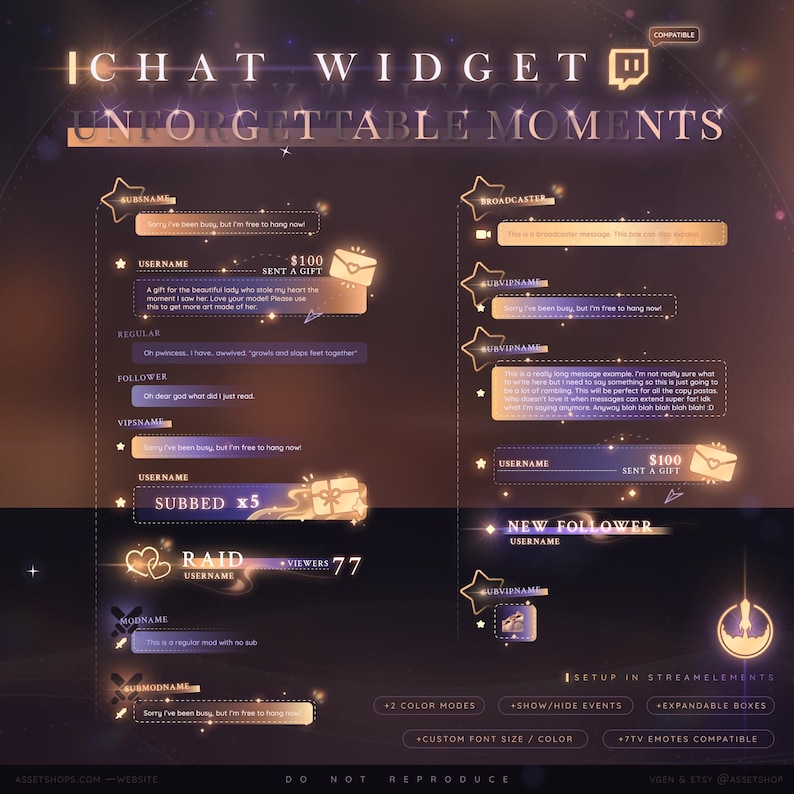 A glowing blue-and-gold chat widget from the Unforgettable Moments bundle, showcasing dotted lines, rainbow light glows, and various chat roles and event labels. This preview displays the first of two color modes, with features like event toggles, expandable message boxes, customizable font colors and sizes, and 7tv emote support.